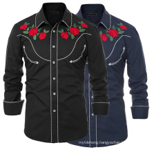 Men Embroidered Rose Western Shirt Button Down Stylish Floral Top